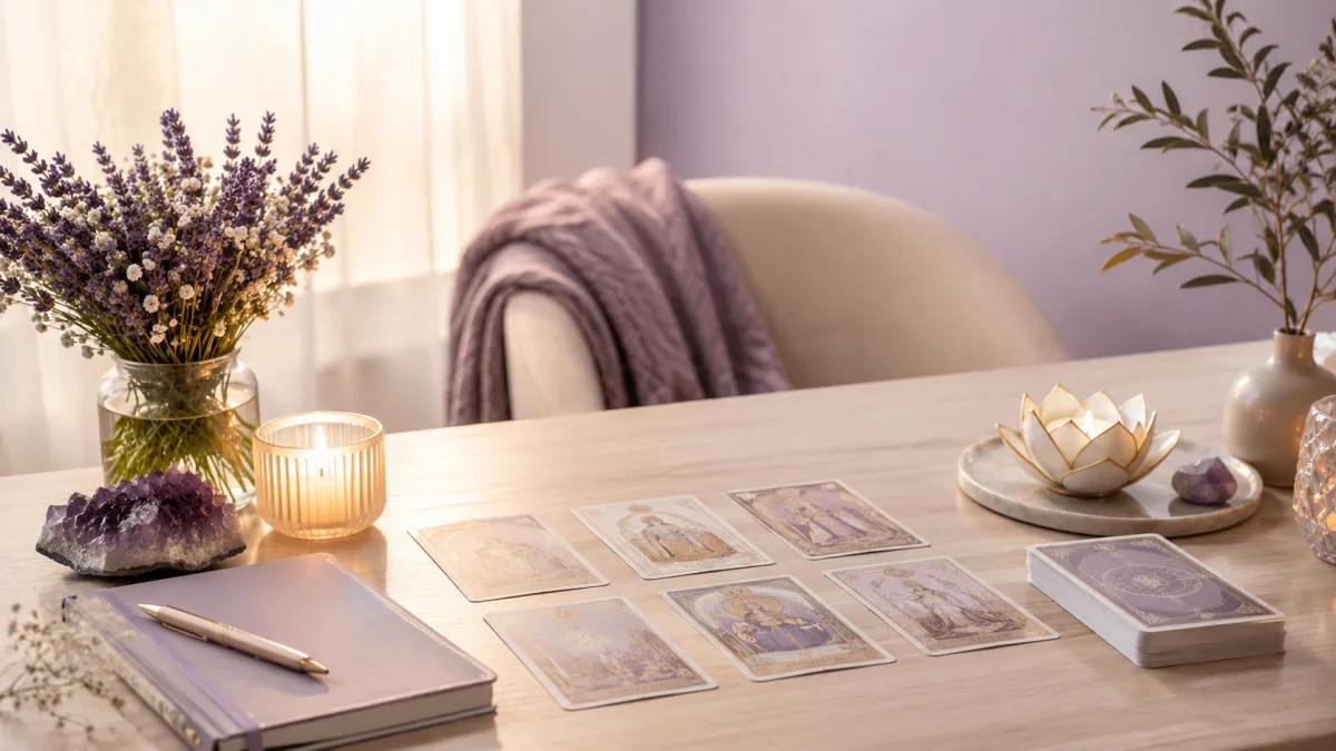 Ambiance douce avec téléphone, cartes et bougies pour illustrer une consultation de voyance par téléphone